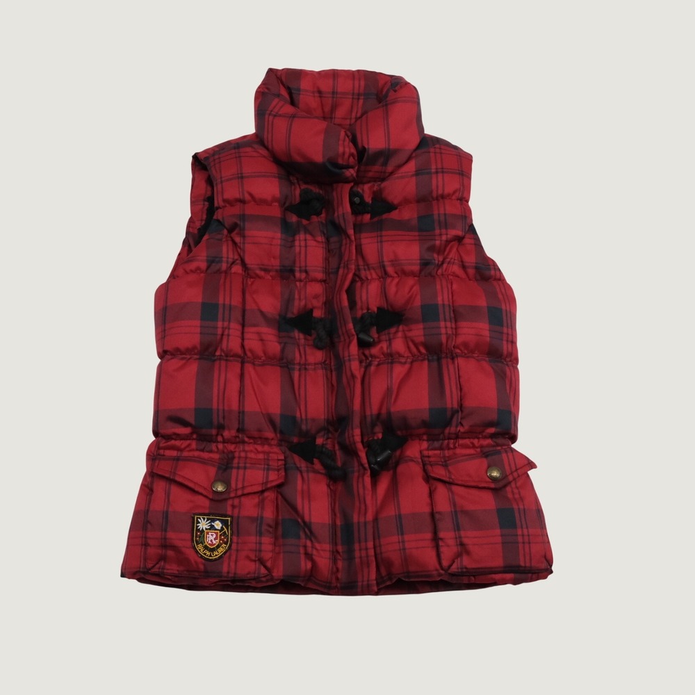 Ralph Lauren Puffer Vest Kids Red Plaid Toggle Crest Preppy 6X Sleeveless Jacket